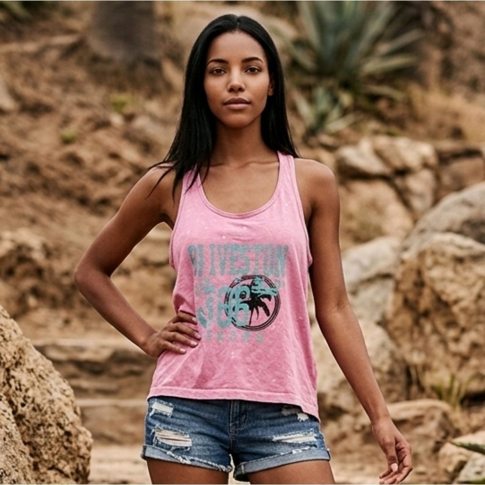 Pink Tank Top Galveston Graphic Beach Tee Sleeveless Shirt Bleach Spots Casual